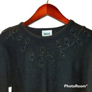 Vintage Leslie Fay Sportswear 80s Black Over Head Sweater Gold Detail M Medium